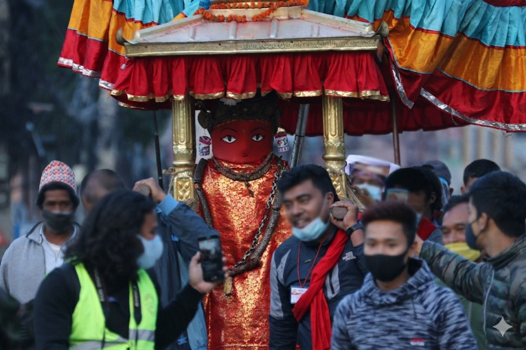 The red-faced deity of Rato Machindranath Jatra during the 12-year festival cycle.