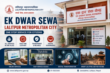 Ek Dwar Sewa Lalitpur Metropolitan City one stop service center banner showing digital governance, citizen services, and municipal office in Nepal
