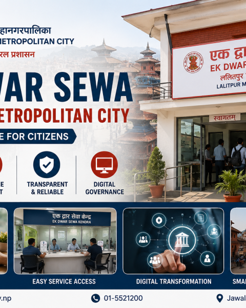 Ek Dwar Sewa Lalitpur Metropolitan City one stop service center banner showing digital governance, citizen services, and municipal office in Nepal