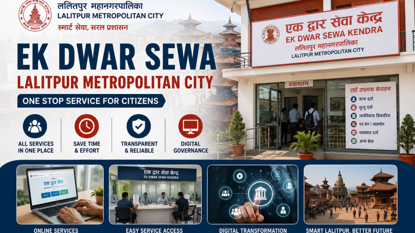Ek Dwar Sewa Lalitpur Metropolitan City one stop service center banner showing digital governance, citizen services, and municipal office in Nepal