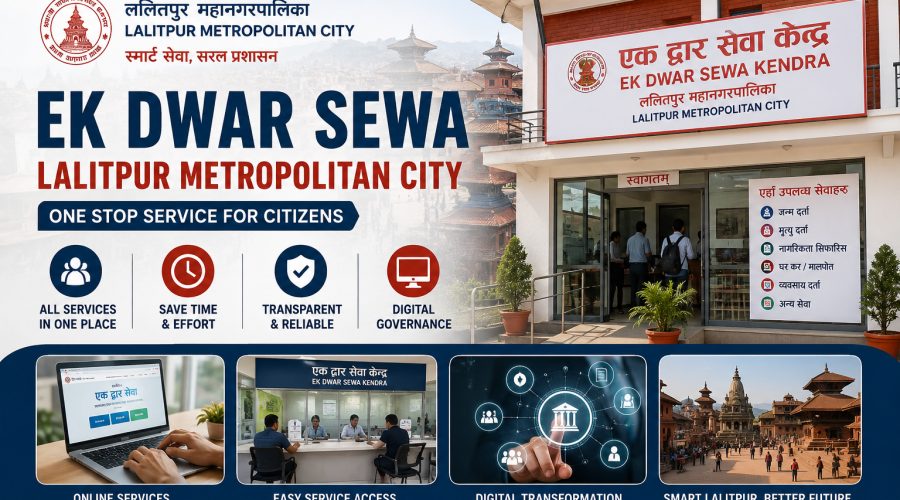 Ek Dwar Sewa Lalitpur Metropolitan City one stop service center banner showing digital governance, citizen services, and municipal office in Nepal